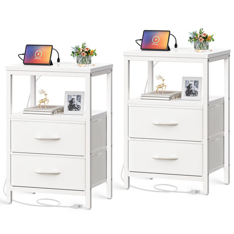 Huuger Nightstands Set of 2, End Tables with Charging Station, Side Tables with Fabric Drawers, Bedside Tables with USB Ports and Outlets, Night Stands for Bedroom, White Huuger