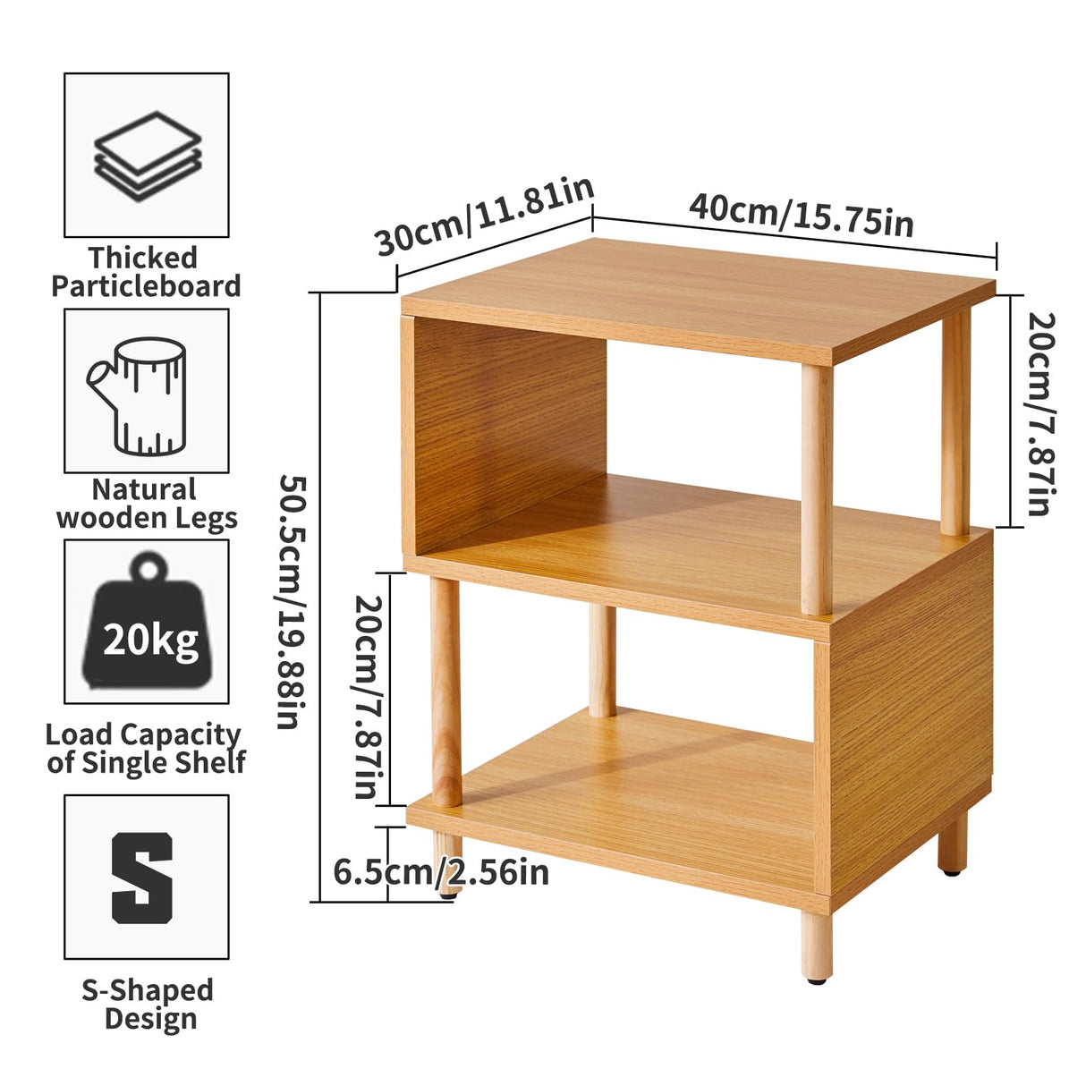 Aibiju Wooden Night Stand with Open Shelf, Nightstand with Solid Wood Legs, S-Shaped Bed Side Table 3 Tier,20 inch High End Table Natural Wood YD-TM152N Aibiju