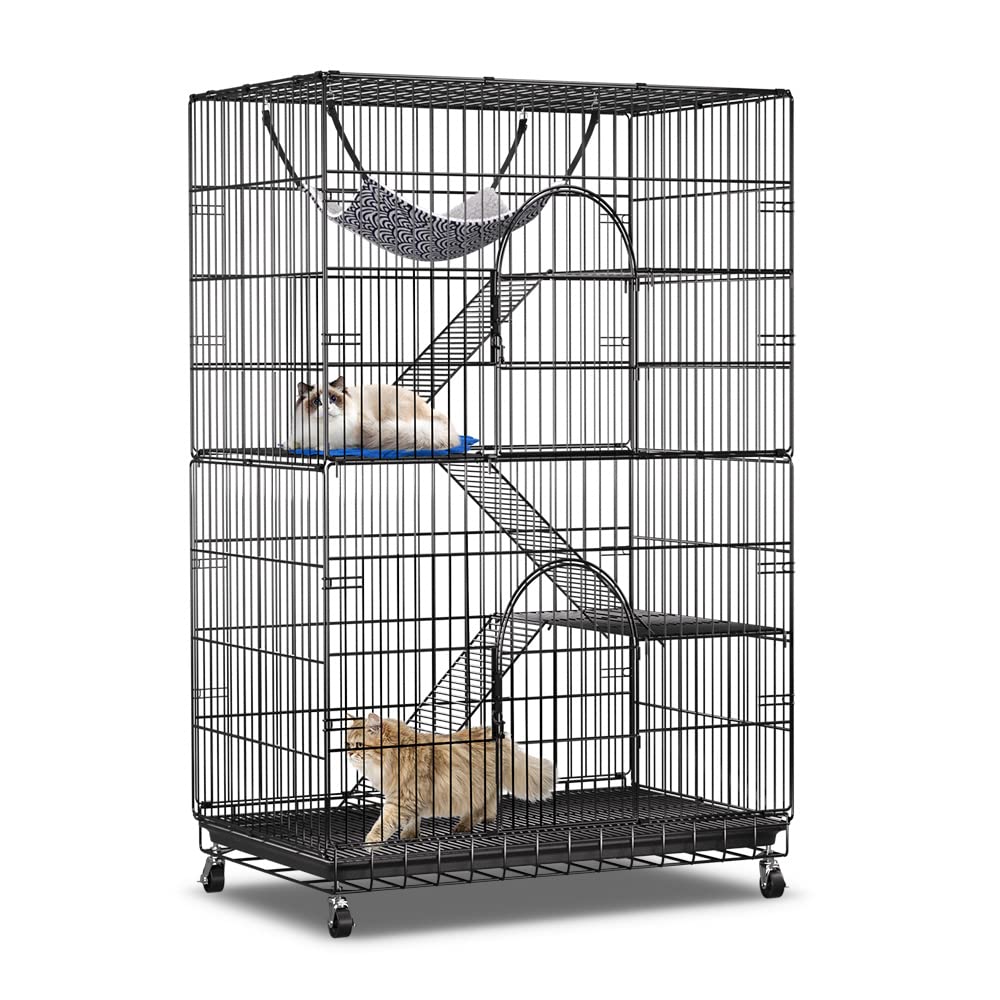 PawGiant 4-Tier Cat Cage 51 Inch Cat Crate Kennel Enclosure Playpen Large Metal Pet Cat Kitten Ferret Animal House Cage Indoor Outdoor with 2 Doors & 1 Hammock