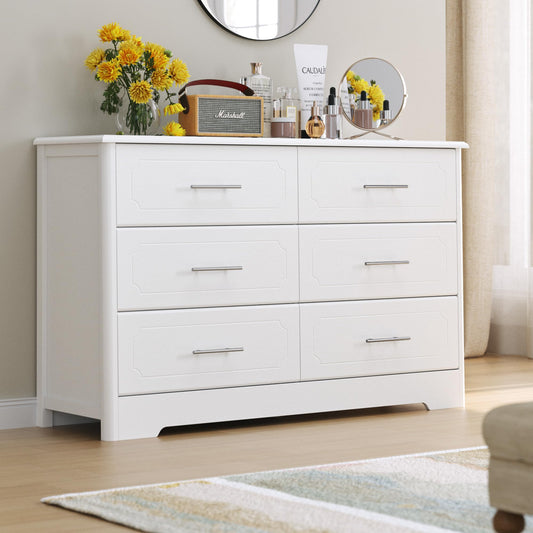 HOSATCK 6 Drawer Dresser, Modern White Double Dresser, Wide Chest of Drawers with Metal Handels, Accent Wood Storage Dresser Chest Organizers for - WoodArtSupply