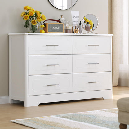 HOSATCK 6 Drawer Dresser, Modern White Wide Chest of Drawers with Metal Handels, Wood Double Dresser, Storage Chest Organizers for Living Room,