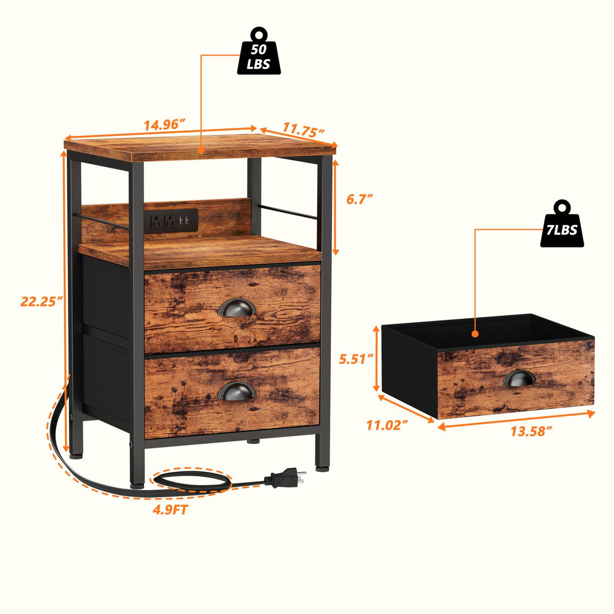 Furologee End Table with Charging Station, Nightstand with Fabric Drawers, Side Table with USB Ports & Outlets, Night Stand with Storage Shelf & Hooks, for Living Room/Bedroom, Rustic Brown Furologee
