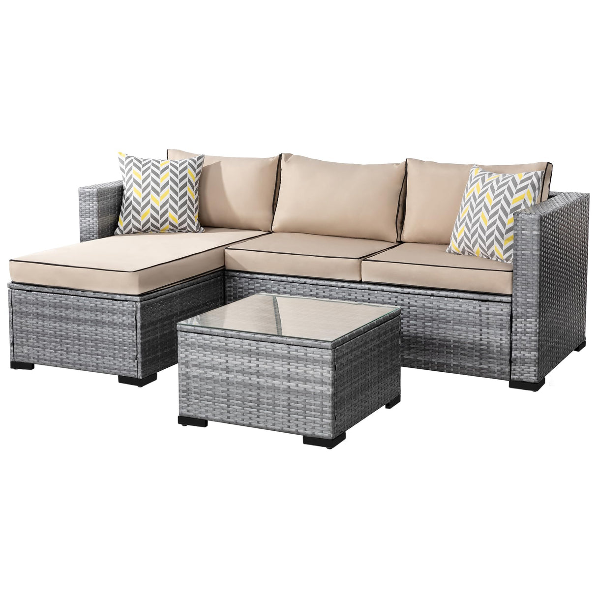 Shintenchi 3 Pieces Patio Furniture Set,All-Weather Rattan Patio Conversation Set,Outdoor Sectional Silver Wicker Patio Couch with Washable Cushions and Glass Coffee Table(Khaki) Shintenchi