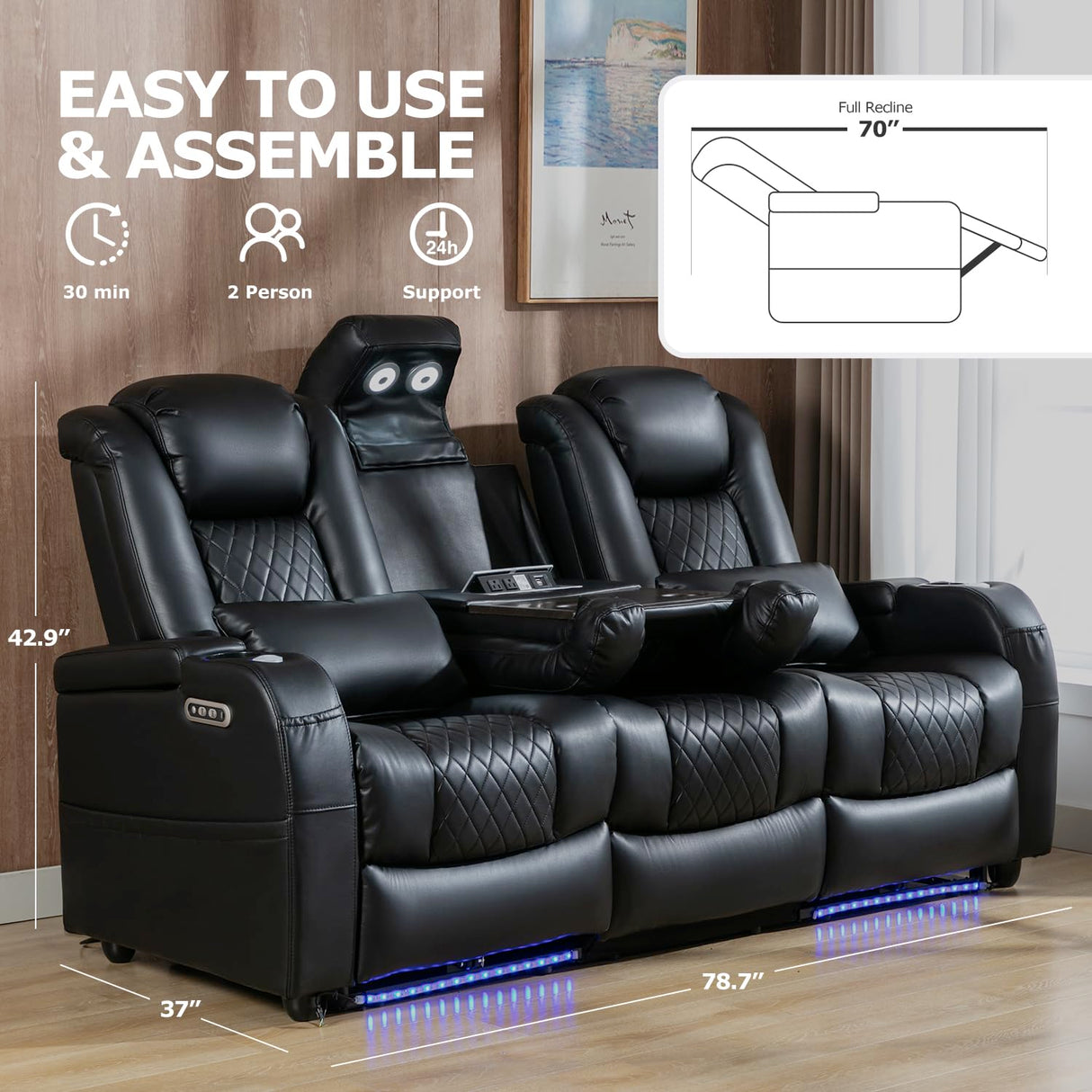 Sofa Recliner Home Theater Seating Seats, Movie Theater Chairs Theater Recliner with 7 Colors Ambient Lighting, Touch Reading Lights, Lumbar Pillow, Tray Table, Center Drop Down Console, Black Akeysous