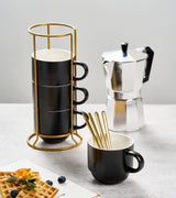 YHOSSEUN Porcelain Stackable Coffee Mug Set With Rack, Demitasse Cups with Espresso Spoons, 11 Oz For Coffee Drinks, Latte, Macchiato, Cafe Mocha Set of 4,Black YHOSSEUN