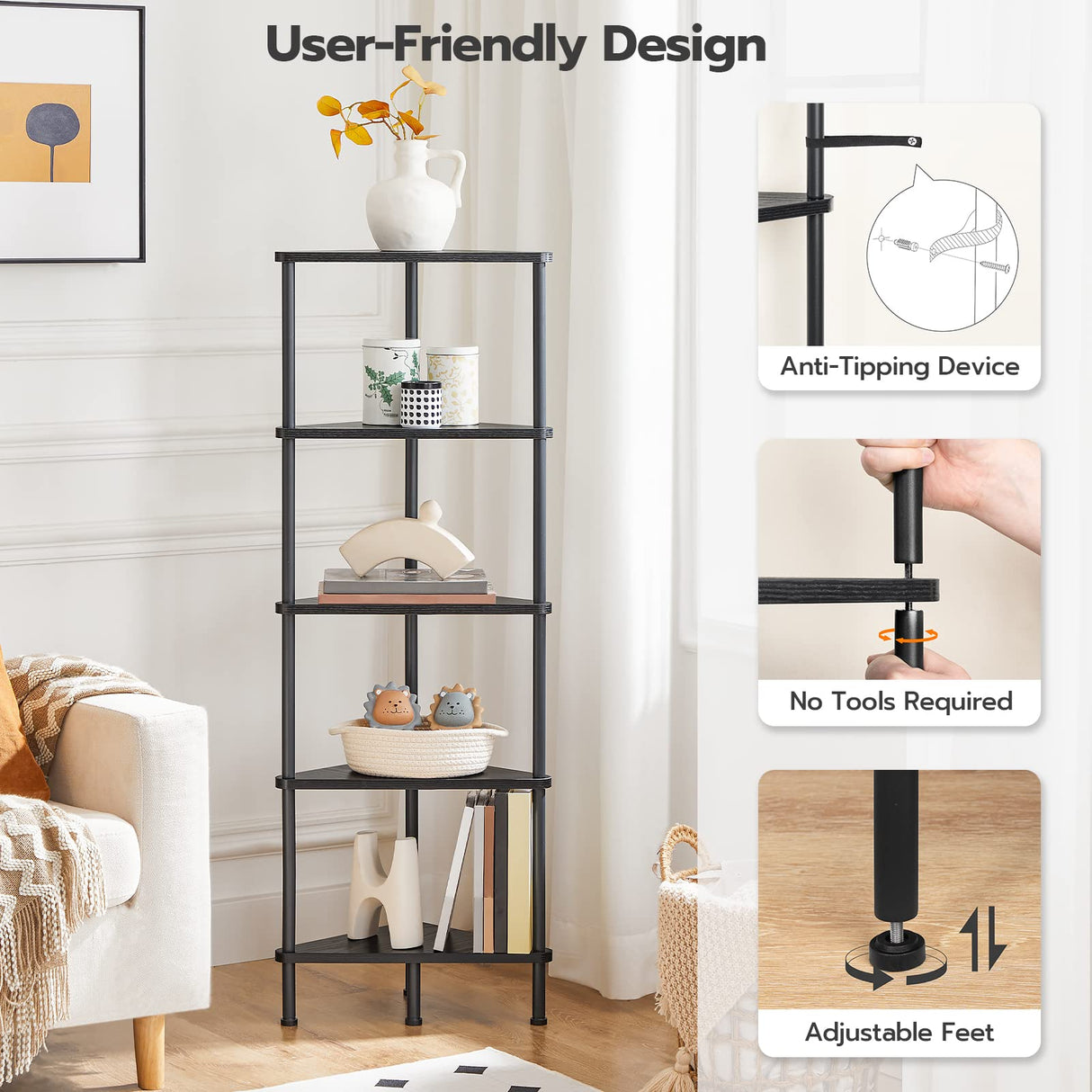 HOOBRO Corner Shelf Stand, Industrial 5-Tier Wall Corner Bookshelf with Metal Frame, Plant Corner Display Shelf, Corner Bookcase for Small Spaces, Bedroom, Living Room, Black BK33CJ01 HOOBRO