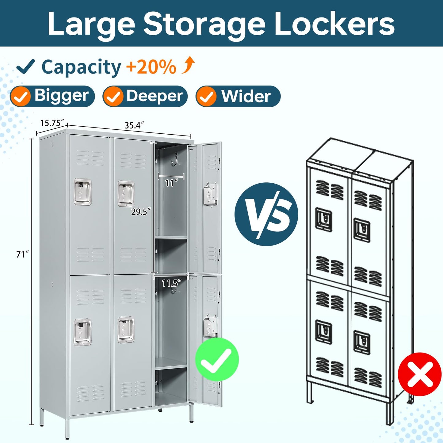 MIIIKO 2 Tier Metal Lockers 3-Wide, 72" x 36" x 16" Storage Locker Units with 6 Compartments, Large Employee Locker with Shelves, Lockable Doors and Hanging Hooks - WoodArtSupply