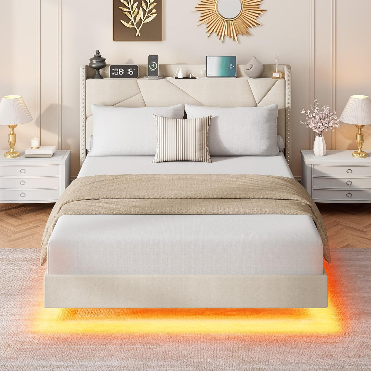 GarveeHome Queen Size Floating Bed Frame, Suspended Bed with RGB LED Lights and Charging Station, Upholstered Bed Frame with Storage Headboard and Button Tufted, No Box Spring Needed, Beige GarveeHome