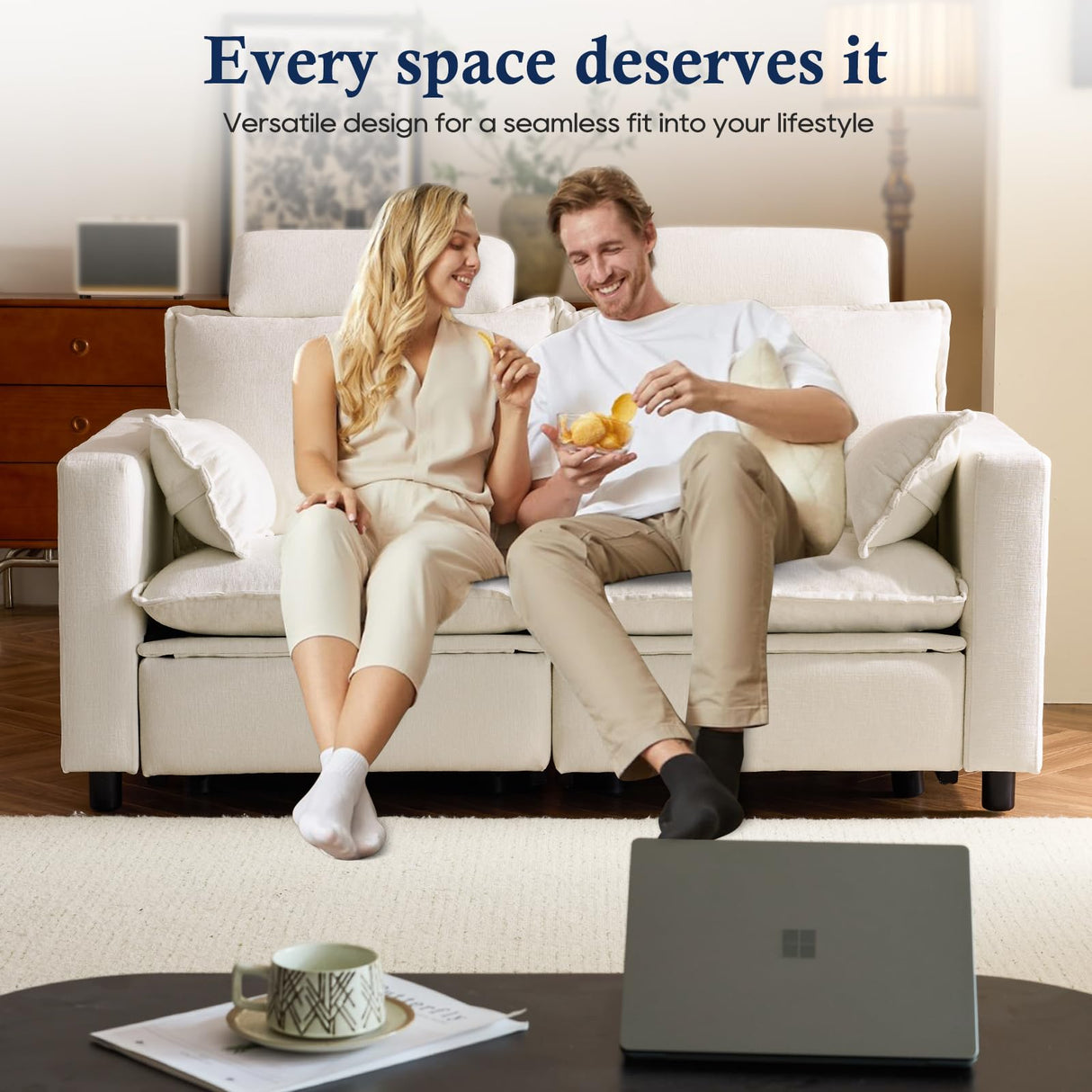 PALLOME Electric Loveseat Recliner, Power Reclining Sofa with USB Ports, Comfy Cloud Couch Chenille for Living Room, Soft Oversized Sofa with Pillows, Headrest for Comfort (Cream) PALLOME