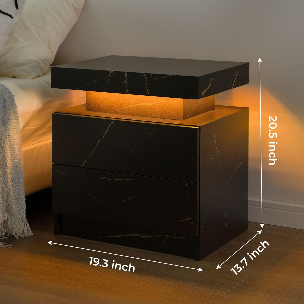 i-aplus LED Nightstand LED Bedside Table with 2 Drawers, Wooden Cabinet Unit with LED Lights for Bedroom, End Table Side Table for Bedroom Living Room… i-aplus