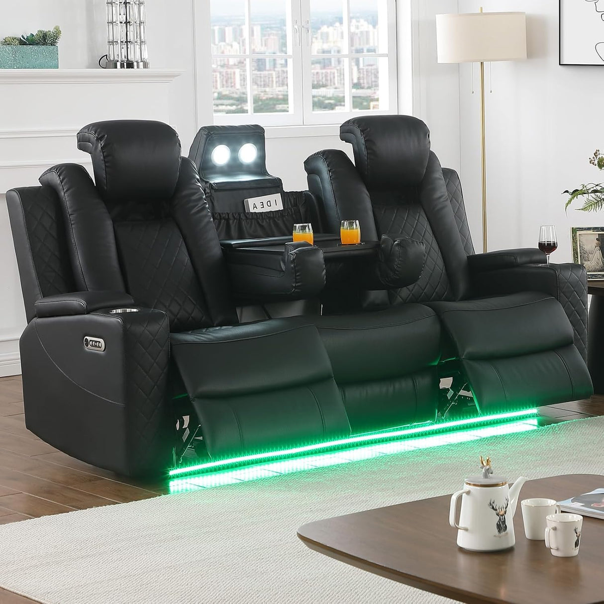 Power Recliner Sofa 3 Seat, Black Leather Reclining Loveseat with Console RV Furniture with Adjustable Headrest/Led Light/Storage/Reading Lamp/Cup Holder/USB&Wireless Charging poplarbox