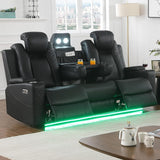 Power Recliner Sofa 3 Seat, Black Leather Reclining Loveseat with Console RV Furniture with Adjustable Headrest/Led Light/Storage/Reading Lamp/Cup Holder/USB&Wireless Charging poplarbox