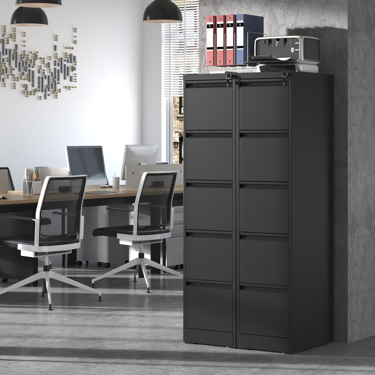 IKIMI 5 Drawer File Cabinet,Metal Filing Cabinets for Home Office,Vertical File Cabinet with Lock,Heavy Duty Metal Storage Cabinet for A4/Letter/Legal Size Files,Assembly Required IKIMI