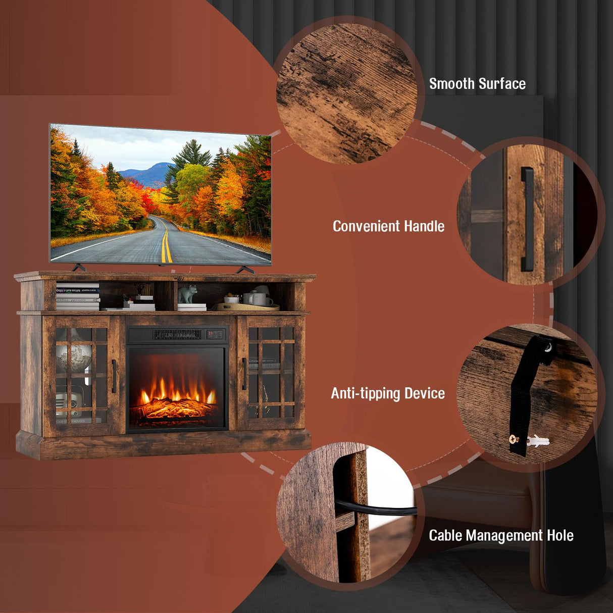 GOFLAME Fireplace TV Stand for TV up to 55 Inches, Freestanding Wood Entertainment Center with 18” Electric Fireplace, 48" TV Console Table with 2 Open Storage Compartments and 2-Door Cabinet, Brown GOFLAME