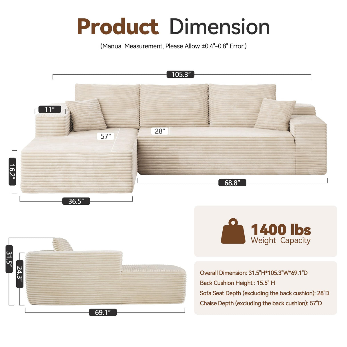 CAODOC 104" Cloud Sectional Couch with Comfy Chaise, Boneless L Shape Sofa with Deep Seat, Minimalist Modular Couches Sleeper for Living Room Bedroom Apartment Lounge,Beige CAODOC