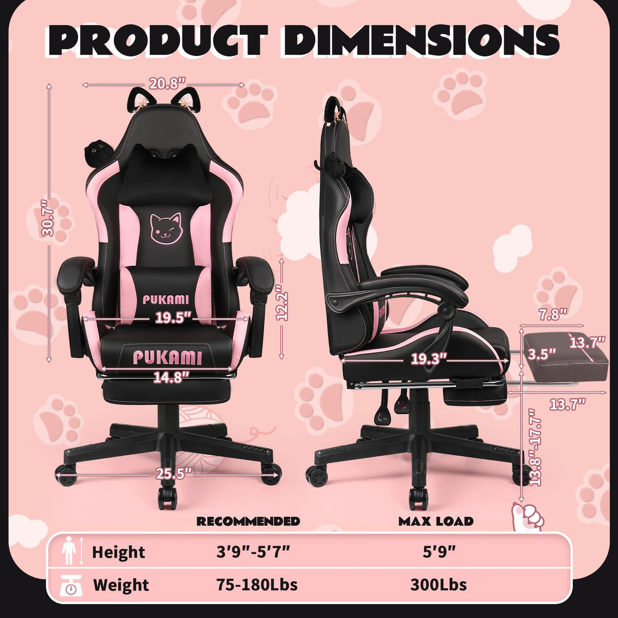 VITESSE Pink Gaming Chair for Girl with Cat Paw Lumbar Cushion and Cat Ears, Ergonomic Computer Chair for Girl with Footrest and Headrest Comfortable Reclining PC Game Chair for Adult,Kid (Black) VITESSE