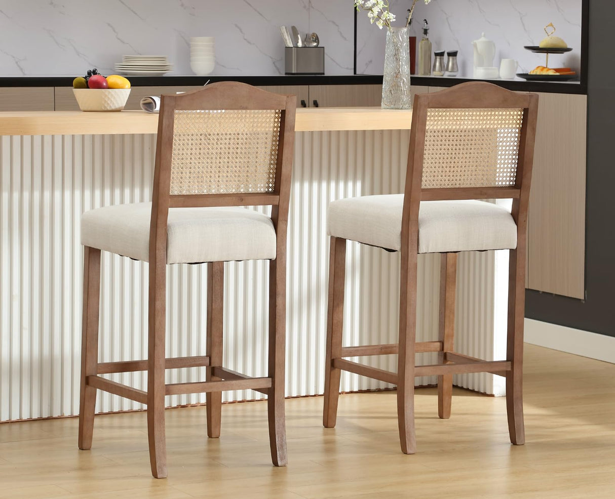 EALSON Counter Height Bar Stools Set of 2 Farmhouse Barstools with Rattan Back Linen Upholstered Bar Chairs Mid Century Wood Breakfast Bar Stool Chairs for Kitchen Island, 30 Inch Beige EALSON