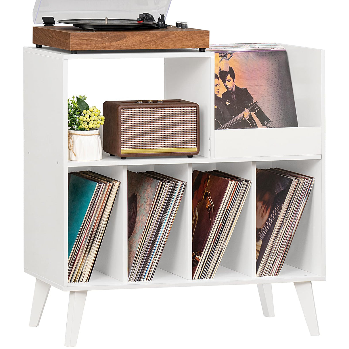 LELELINKY Large Record Player Stand, Turntable Stand with Storage, Vinyl Record Holder with Display Area, Record Player Table Holds Up to 300 Albums, Record Stand for Music room Living Room-White LELELINKY