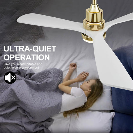 BOJUE 52 inch Gold Ceiling Fans with Lights and White Solid Wood Fan Blades - Modern Ceiling Fan with Remote for Indoor/Outdoor Farmhouse, Low Profile Bedroom, Patio - Gold Finish and White Blades BOJUE
