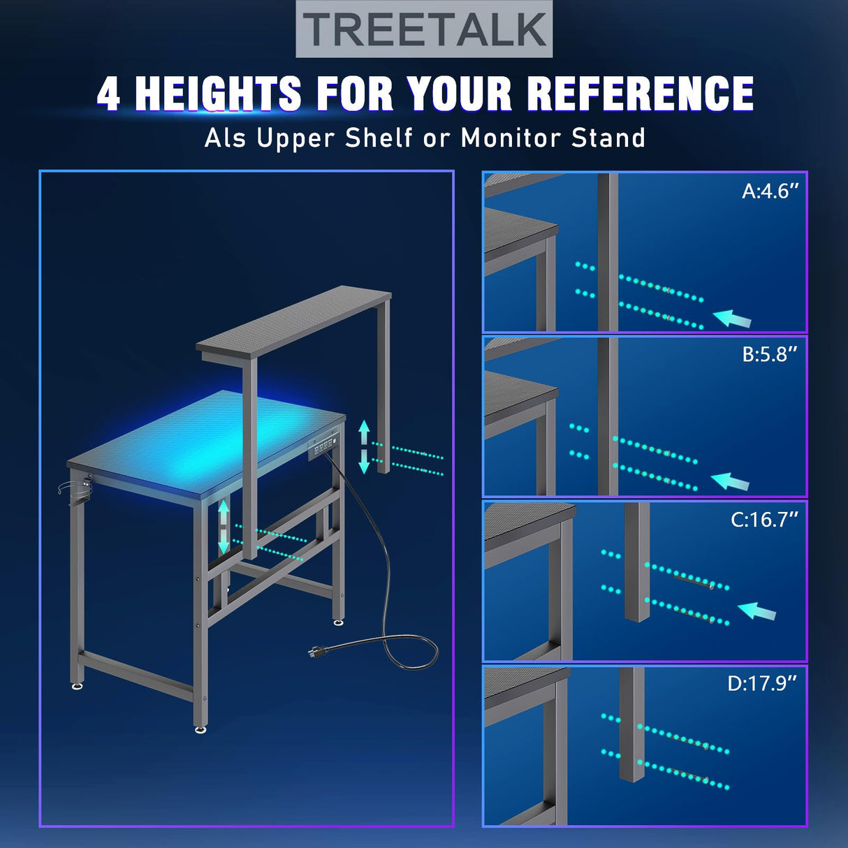TREETALK Gaming Desk with Power Outlets & LED Strip Lights,80CM Industrial Writing Desk with Adjustable Monitor Stand, Cupholder and Headphone Hook for Home Office Black TREETALK