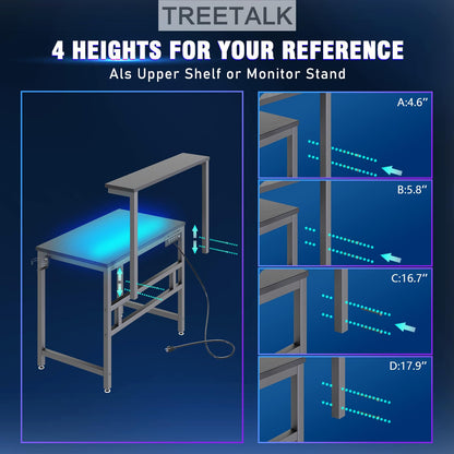 TREETALK Gaming Desk with Power Outlets & LED Strip Lights,80CM Industrial Writing Desk with Adjustable Monitor Stand, Cupholder and Headphone Hook for Home Office Black - WoodArtSupply