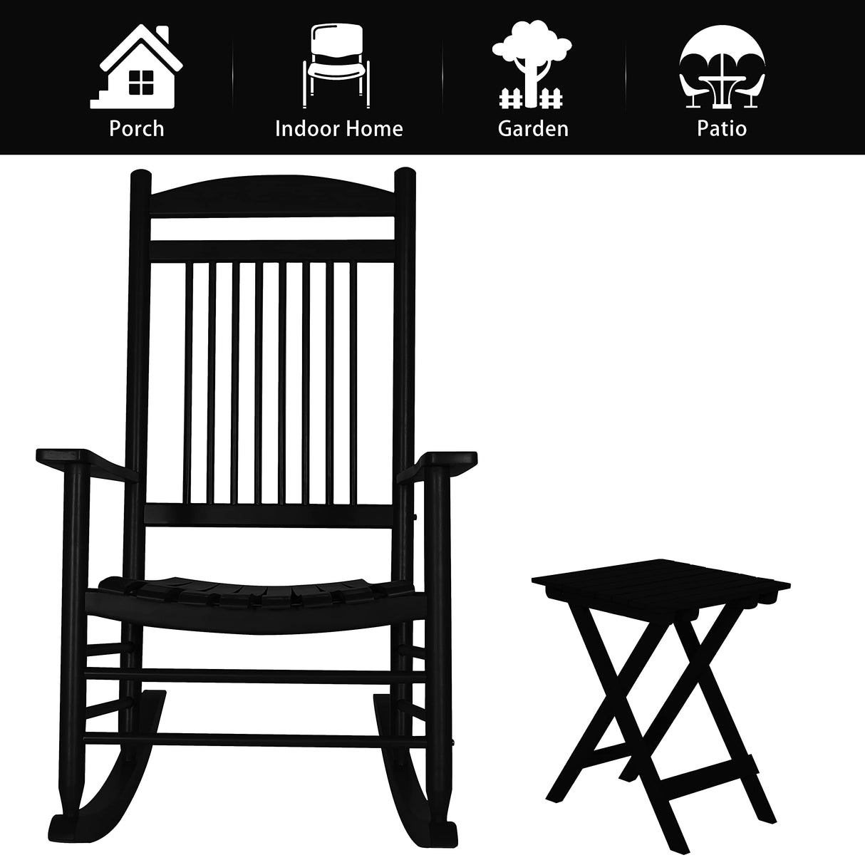 VEIKOU Rocking Chair, Set of 3 Outdoor Rocking Chair with Side Table,275Lbs Weight Capacity,Wooden Rocking Chair for Porch, Backyard, Indoor, Black VEIKOU