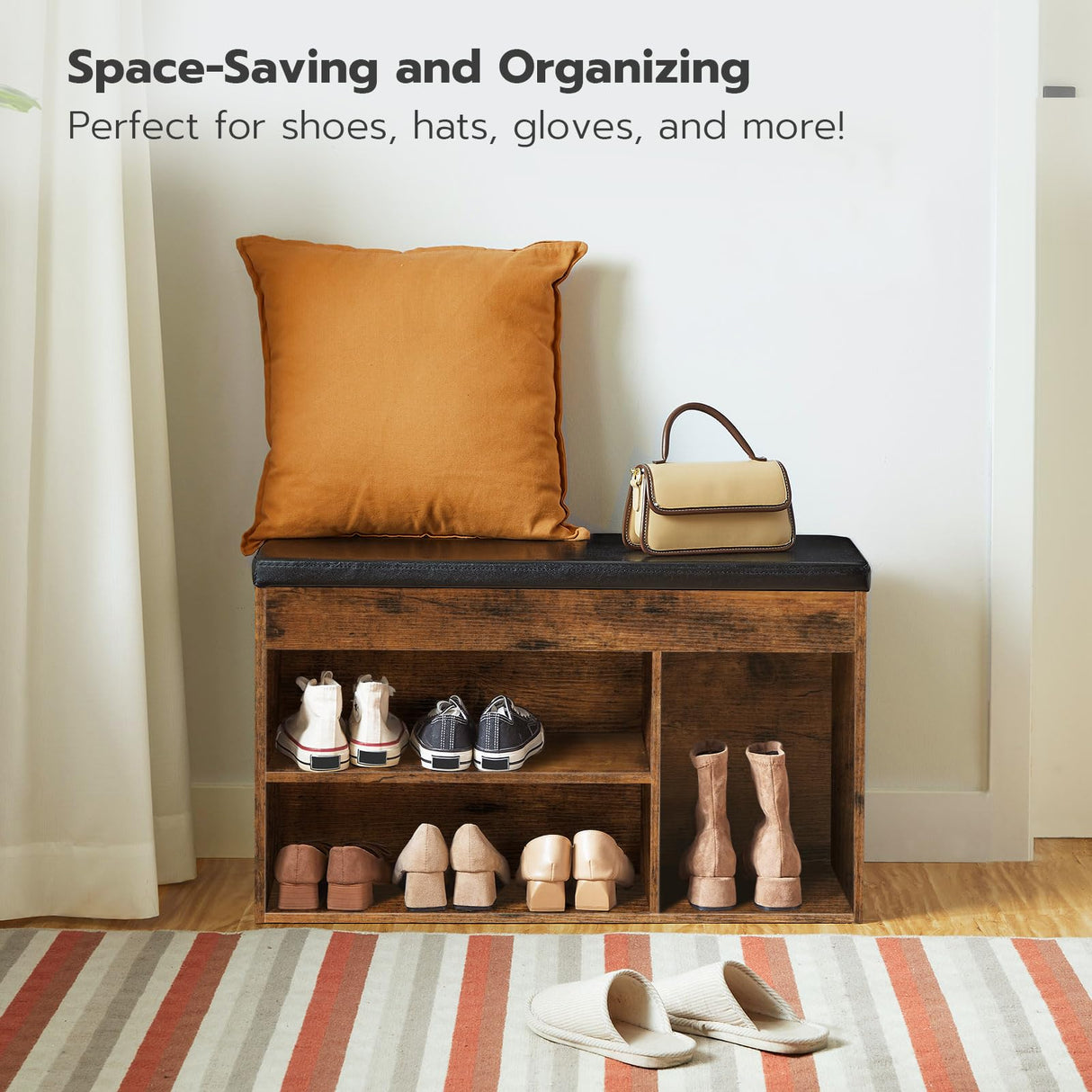 HOOBRO Shoe Storage Bench with Padded Cushion, Entryway Bench with Flip-Open Storage Box and Adjustable Shelf, Shoe Rack with Hidden Compartment, for Entryway, Living Room, Rustic Brown BF40HX01 HOOBRO