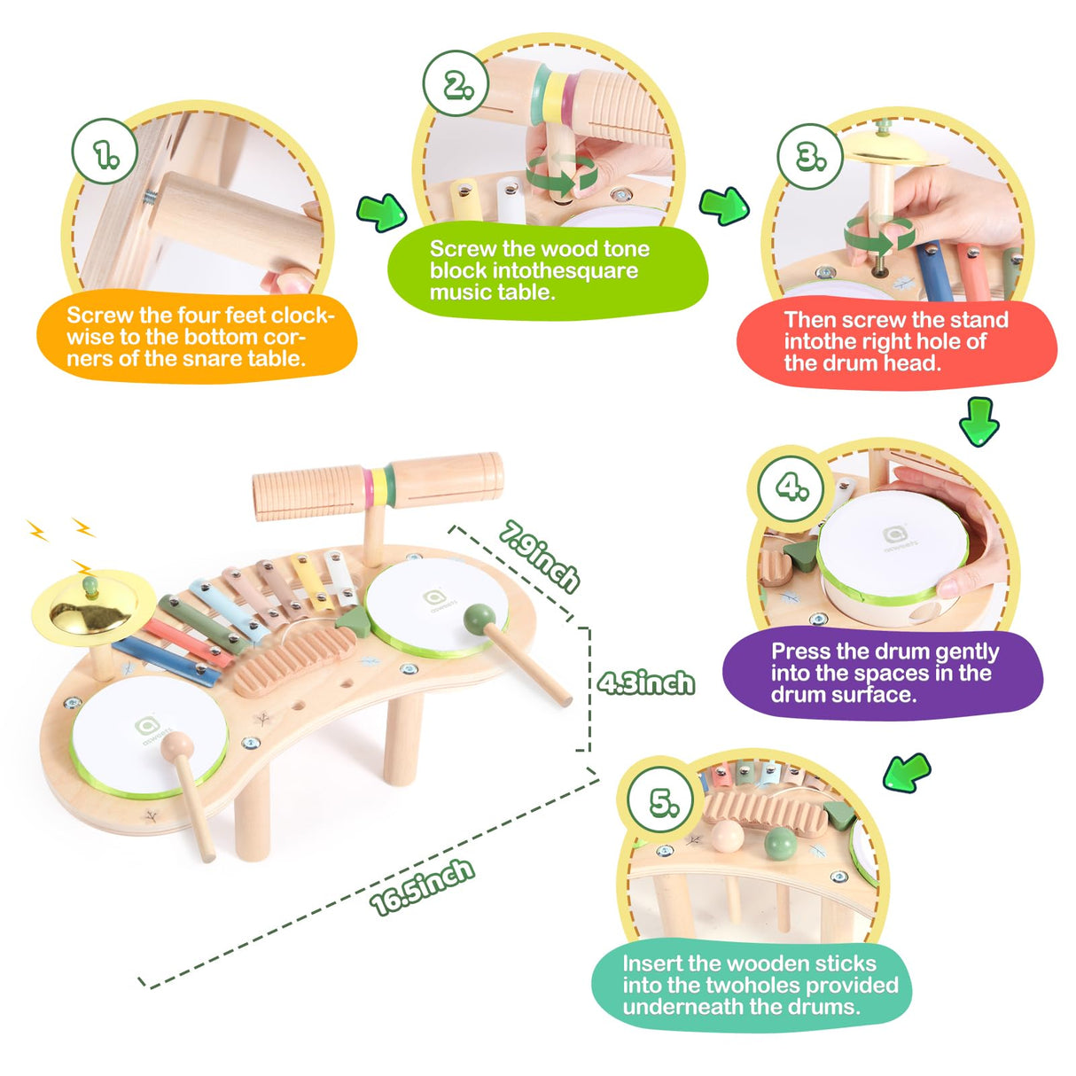 Asweets 7 in 1 Kids Drum Set for Toddlers Wooden Xylophone Musical Instruments Kit Play Set for Toddler Baby Drum Set Montessori Toys Sensory Toys Birthday Gifts for Girls Boys Asweets