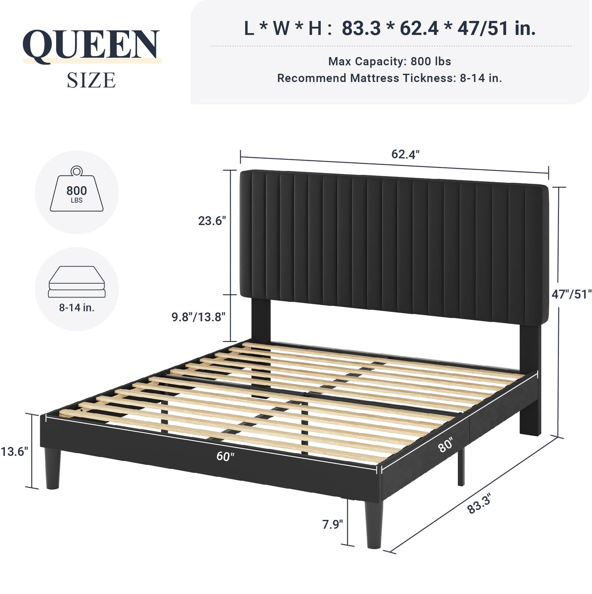 Allewie Queen Bed Frame, Velvet Upholstered Platform Bed with Vertical Channel Tufted Headboard, Mattress Foundation with Strong Wooden Slats, Box Spring Optional, Easy Assembly, Black Allewie