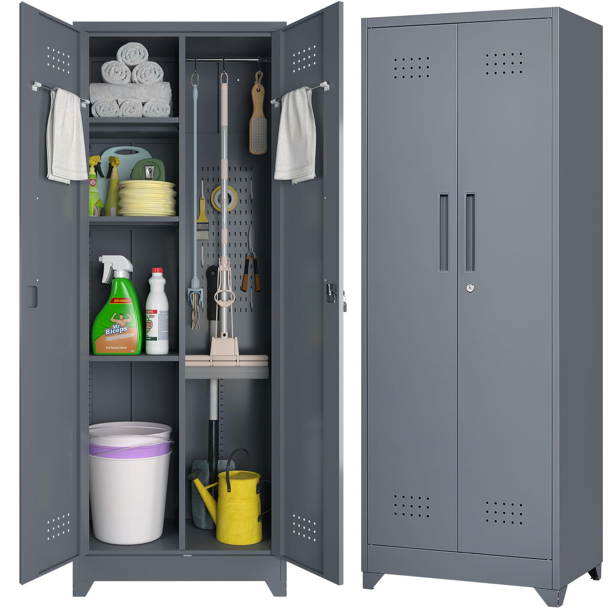 IRONFFICE Broom Storage Cabinet,65" H Utility Closet with Pegboard,Cleaning Cabinet with Locking for Laundry Room,Grey IRONFFICE