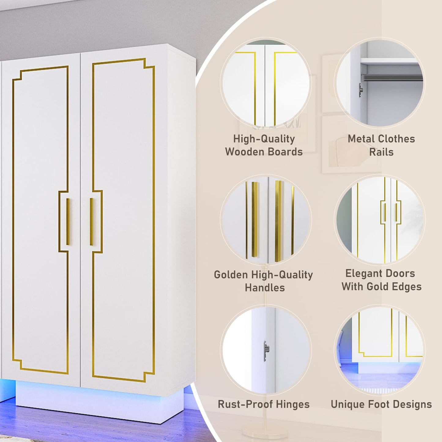 Hlivelood Modern 70in LED 2 Doors Armoires Wardrobe Closet&Cabinet with Hanging Rod, Freestanding Bedroom Armoires with RGB LED 6000-color Lights,Wardrobe Clothes Organizer (White-2 Door Armo - WoodArtSupply