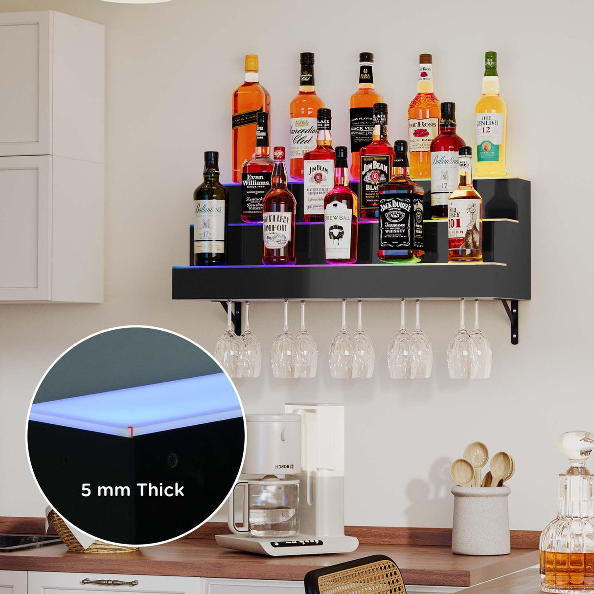Dethan 3 Tier 30 Inch LED Lighted Liquor Bottle Display Shelf - Wall-Mounted Wine Rack with Multi-Color App & Wireless Remote Control, Adjustable Brightness & Sound Modes, Acrylic Bar Shelves Displays Dethan