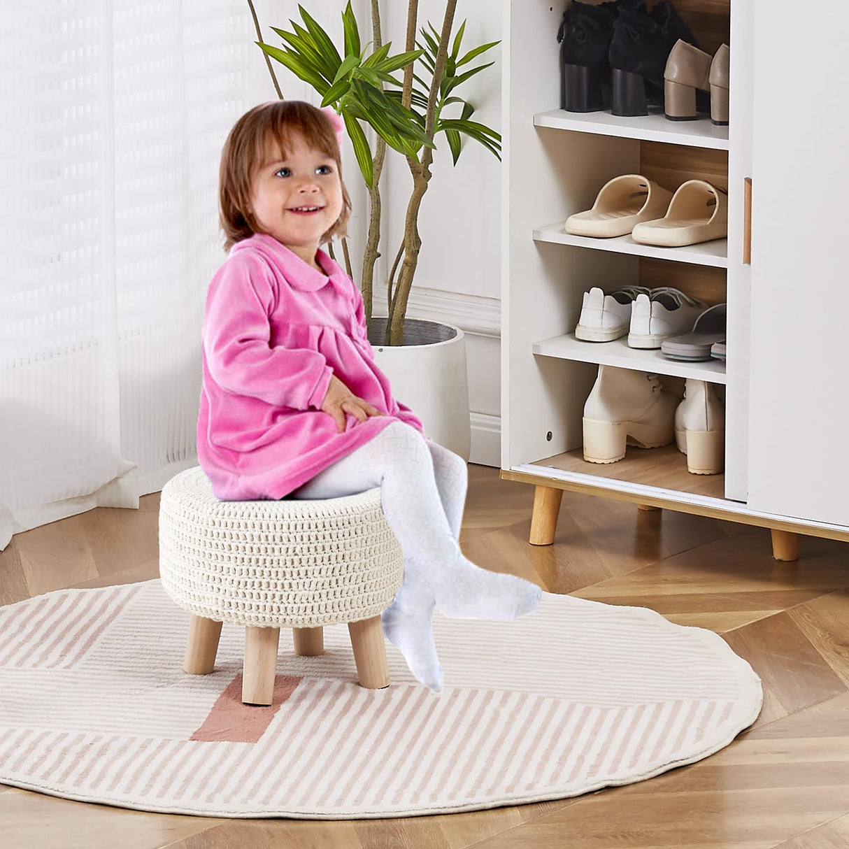 Wimarsbon Pouf Ottoman, 100% Cotton Knitted Boho Footstool, Round Footrest with Non-Skid Wood Legs, Home Décor Handmade Pouffe, Leisure Floor Step Stool for Living Room (Beige) Wimarsbon