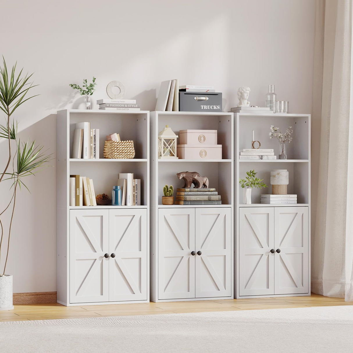 MXV Bookshelf Bookcase with Doors, 4 Tier Wooden Storage Shelves Organizer, Floor Standing Display Cabinet Shelves, Home Decor Furniture for Home Office, Living Room, Bedroom, White MXV