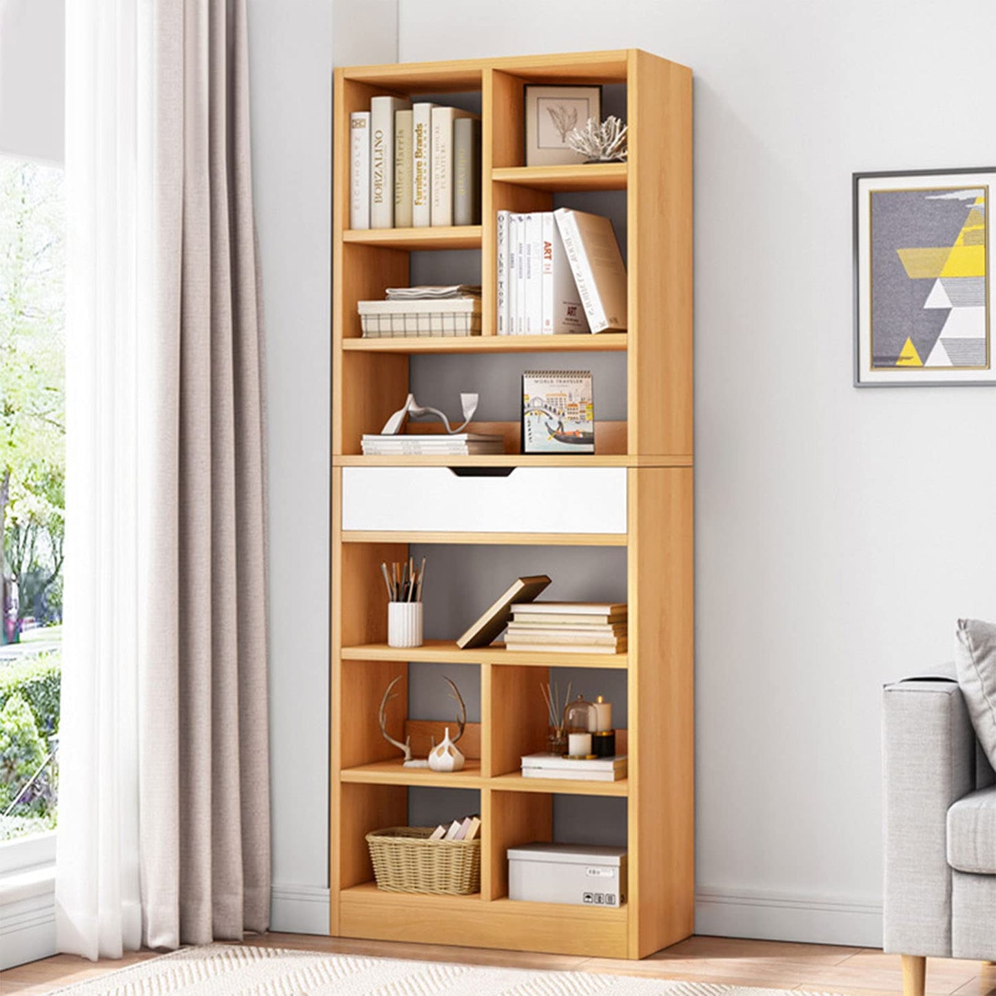 IOTXY 71-Inch Tall Scandinavian Open Shelf Bookcase with 10 Cubes and Drawer in Maple Yellow - WoodArtSupply