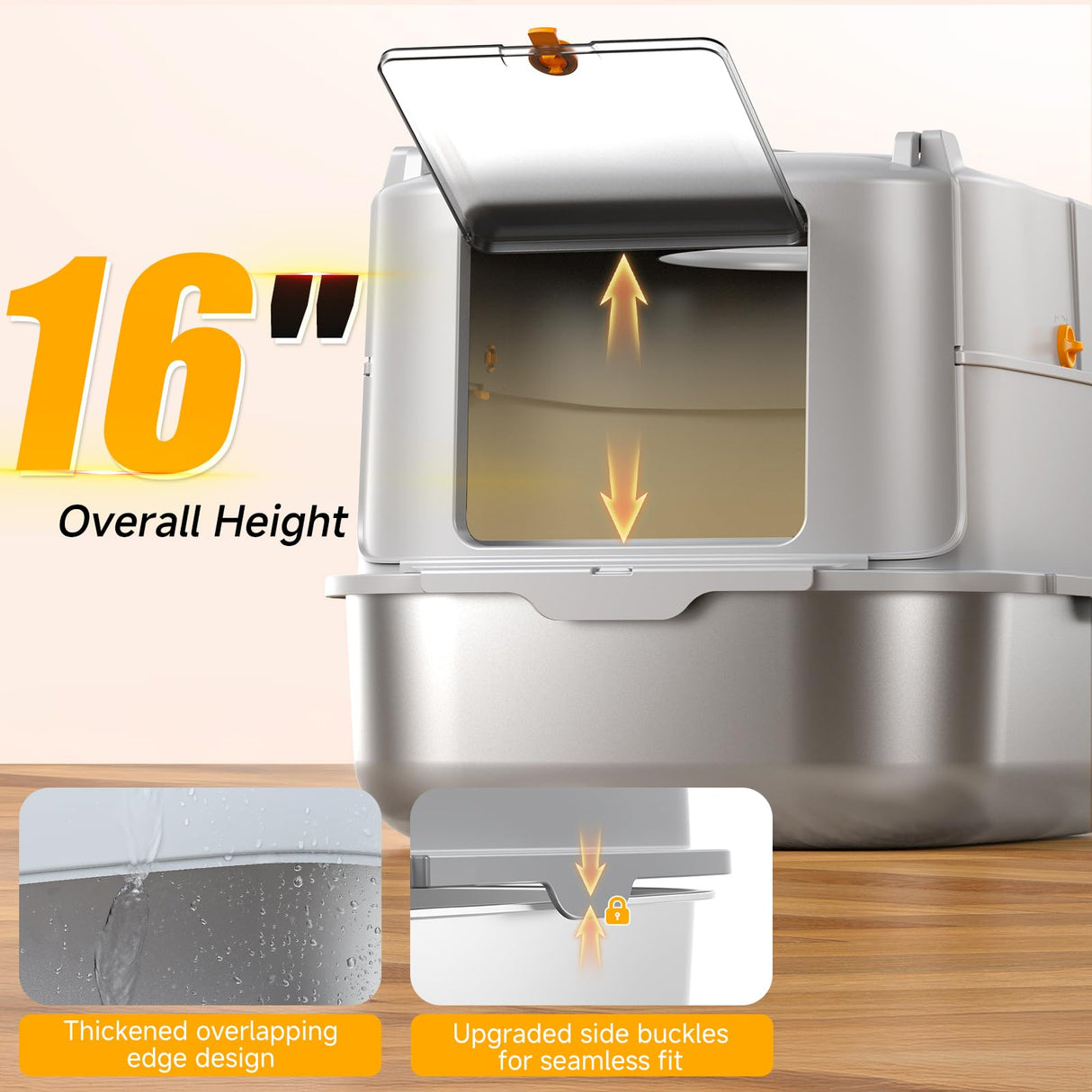 Stainless Steel Cat Litter Box with Lid, XL Extra Large Metal Litter Box for Big Cats, 180° Flip Cover Enclosed Top Entry Litter Boxs with High Sided Enclosure & Scoop, Non-Sticky, Anti-Leakage PIRAIL