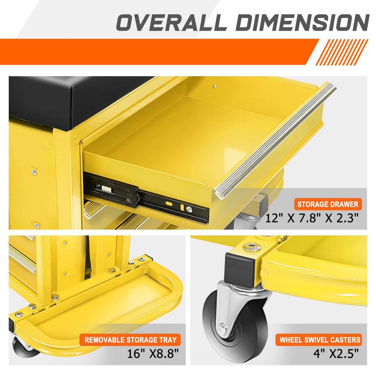 PM PERFORMOTOR 3-Drawer Tool Chest Rolling Mechanic Seat with Tool Trays,350lbs Max Weight Capacity, Yellow,PM-TOL-RST1-YL PM PERFORMOTOR