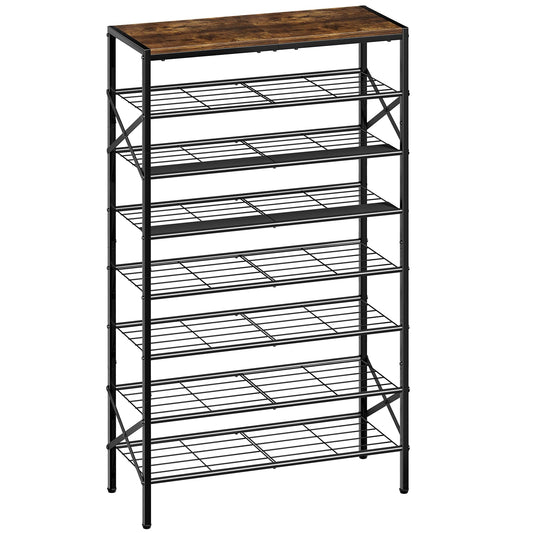 UNITSTAGE 8-Tier Tall Shoe Rack Organizer Shoe Storage for Entryway 24-32 Pairs Metal Shoe Rack for Closet Heavy-Duty Shoe Rack with Wooden Top Shelf for Garage Rustic Brown