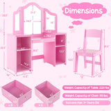Costzon Kids Vanity, 2 in 1 Princess Makeup Desk & Chair Set with Tri-Folding Mirror, 4 Storage Bins, Wooden Toddler Vanity Dressing Table, Pretend Play Vanity Set for Little Girls (Pink) Costzon