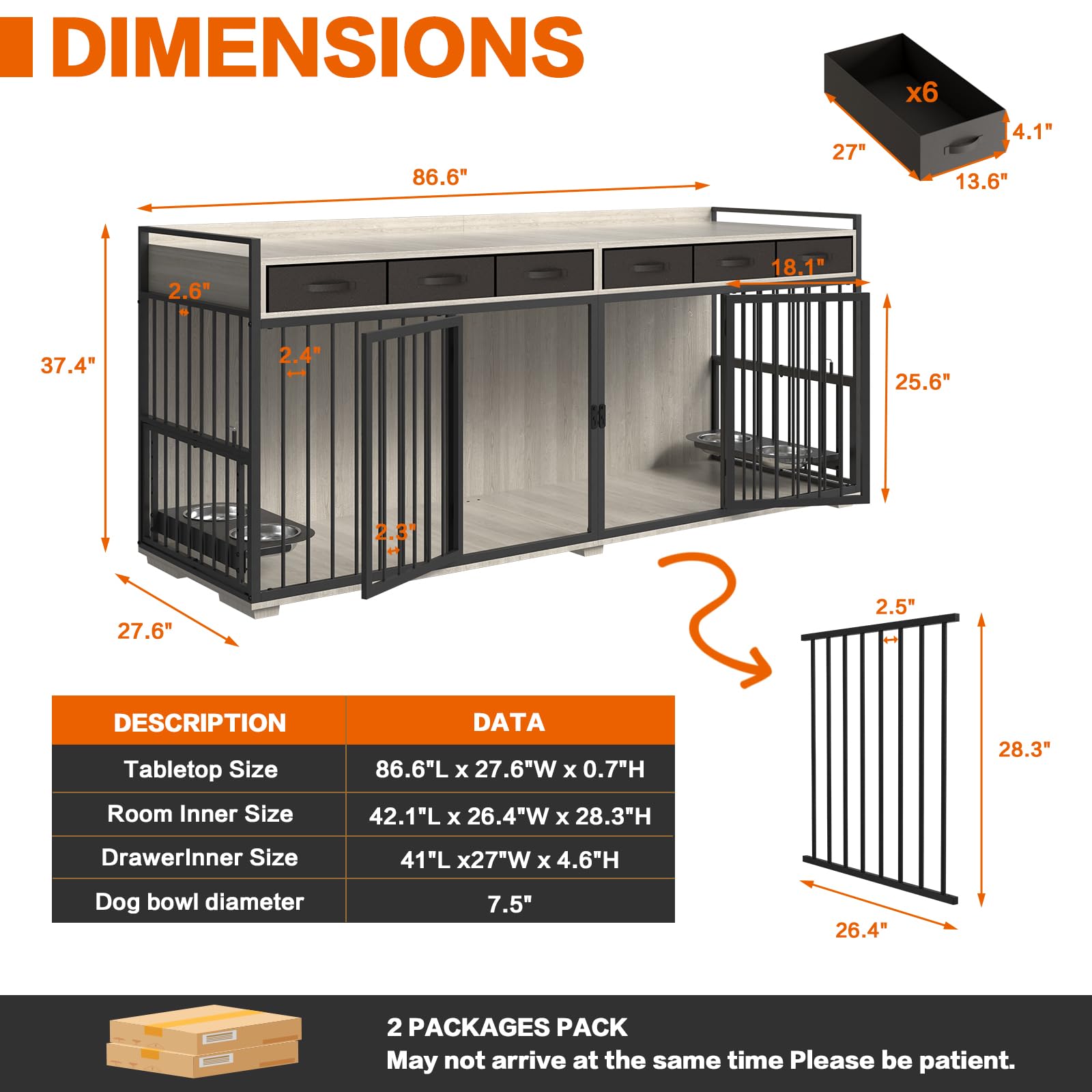 PAPIHO Double Dog Crate Furniture for 2 Dogs,86.6 inch Extra Large Metal Heavy Duty Dog Crate Kennel Furniture with 6 Drawers,Removable Divider and Adjustable Bowls,Chew-Resistant Dog Crate I - WoodArtSupply