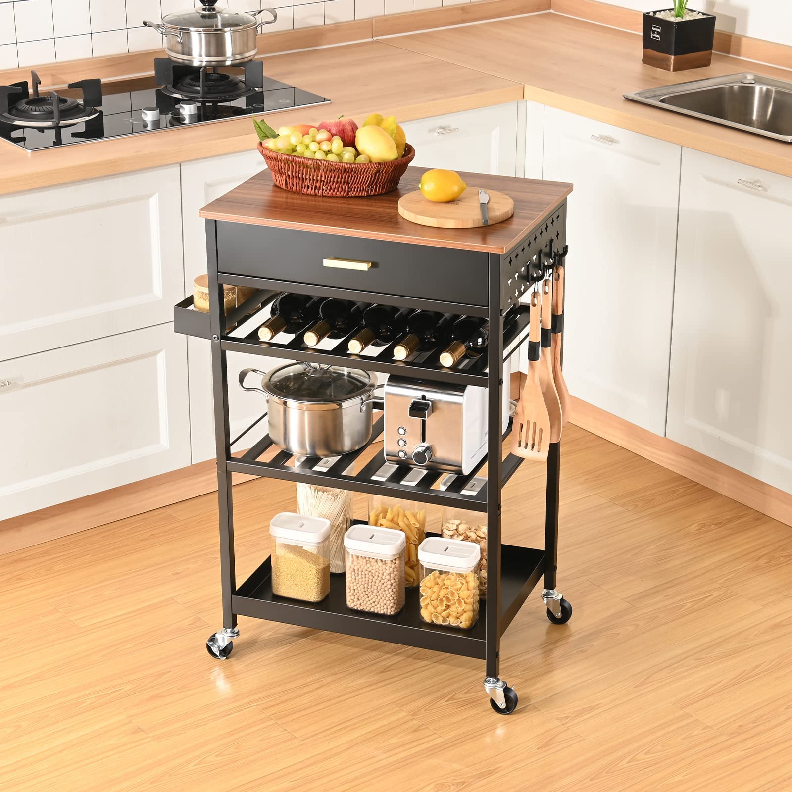 TOOLF Kitchen Island Cart with Drawer, Rolling Kitchen Service Cart with Wooden Tabletop, 3-Tier Storage Cart on Wheels, Storage Trolley Cart with Hooks for Kitchen, Dining Room - WoodArtSupply