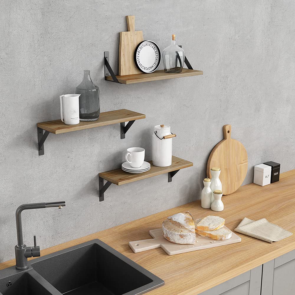 Forbena Set of 3 Floating Wooden Shelves with Black Metal Brackets - Versatile Wall Storage Solution Forbena