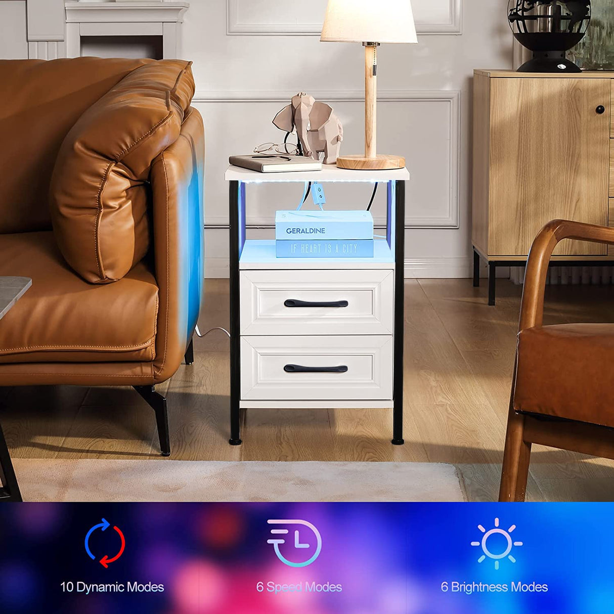 HOSEOKA Night Stand Charging Station and RGB Lights for Night Side Table Nightstand with USB Ports and Outlets White Night Stand Table with Drawers Farmhouse Nightstand for Bedroom HOSEOKA