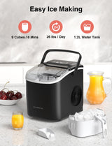 CROWNFUL Ice Maker Countertop, Portable Self-Cleaning Ice Maker Machine with Handle, Scoop and Basket, 9 Bullet Ice Cubes in 6 Mins, 26lbs/24H, Ideal for Home, Kitchen, Office, Bar, Party CROWNFUL