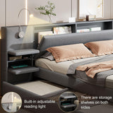 Luxury Queen Bed Frame,Queen Size Trundle Bed Frame with 2 Storage Drawers,Reading Lights, Storage Headboard,Storages Rack,Queen Size Linen Upholstered Platform Bed for Bedroom (Gray, Queen) Firscook