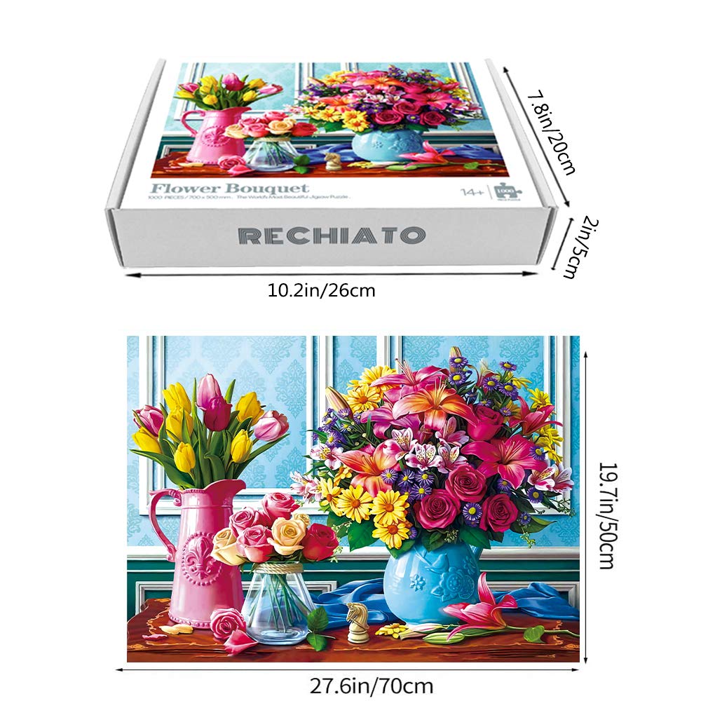 Jigsaw Puzzles 1000 Pieces for Adults Spring Flowers, Colorful Flowers Jigsaw Puzzles, Plants Tulip Rose Daisy Challenging Funny Puzzles for Friends Family Activity Game Nights RECHIATO