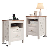 Luoxiao Nightstand Set of 2 with Charging Station, End Table, 18" Farmhouse Side Table with 2 Storage Drawers, Rustic Wooden Sofa Table, Bedside Cabinet for Living Room, Bedroom, White Luoxiao