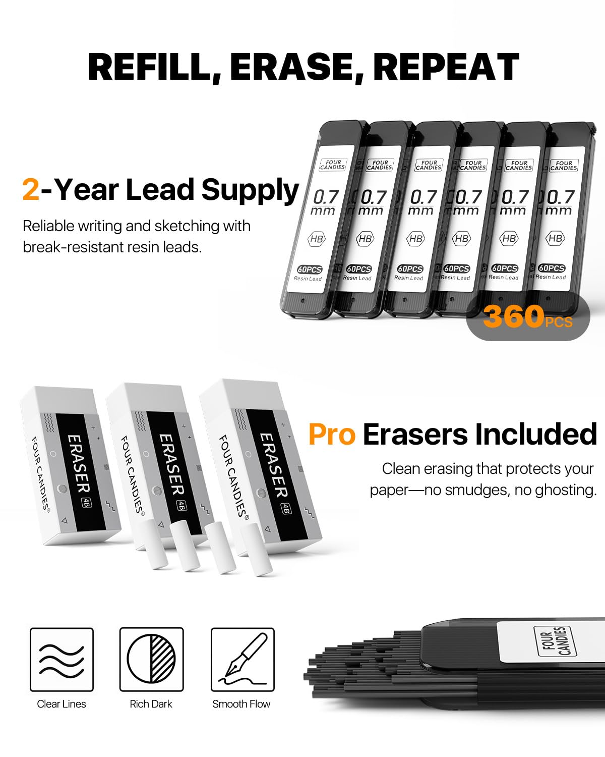 Four Candies Metal Mechanical Pencil Set - 6PCS 0.7mm Art Mechanical Pencils & 360PCS HB Lead Refills & 3PCS Erasers & 9PCS Eraser Refills, Drawing Mechanical Pencils for Writing, Sketching/With Case Four Candies