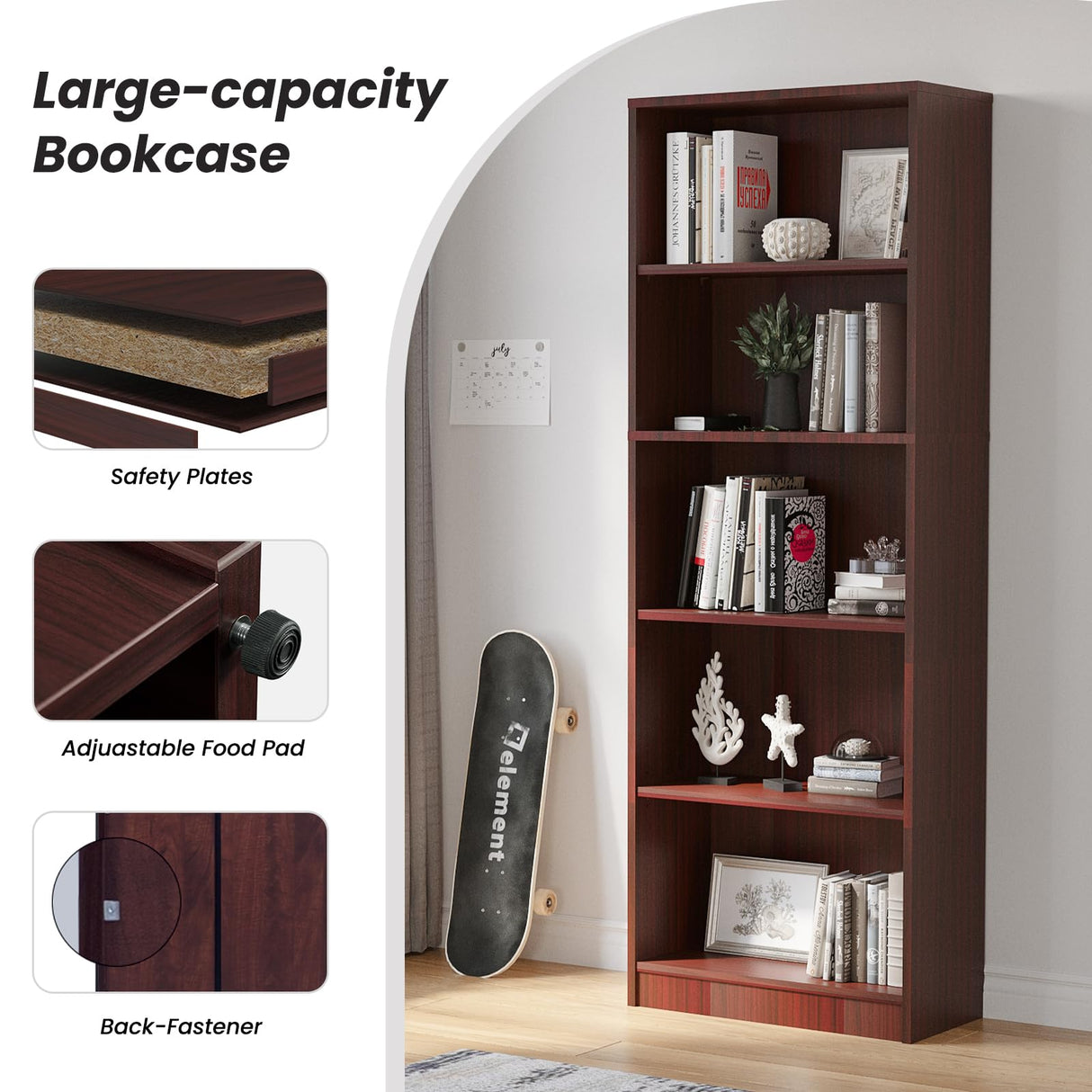 Farini Bookcase Freestanding 5 Shelf Wood Bookshelf Adjustable Shelves for Home Office,5 Layer, Mahogany Farini