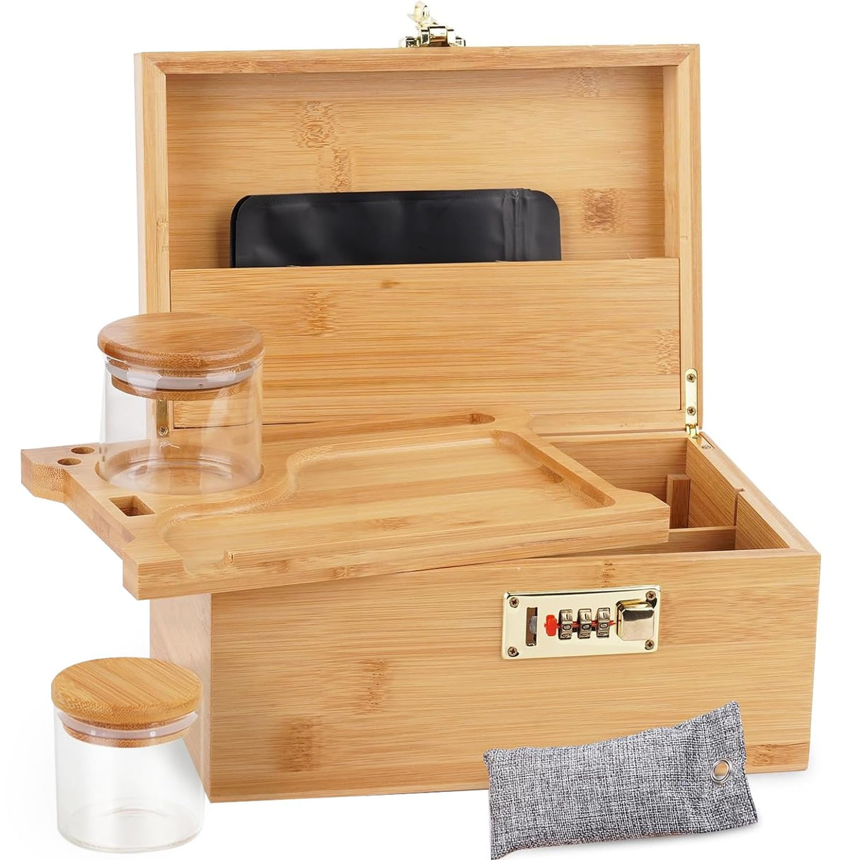 OZCHIN Large Bamboo Box with Combination Lock Decorative box for Home Great Gift Choice Stash Storage Lockbox with Storage Jar, Tray, Resealable Bags and More (Brown) OZCHIN